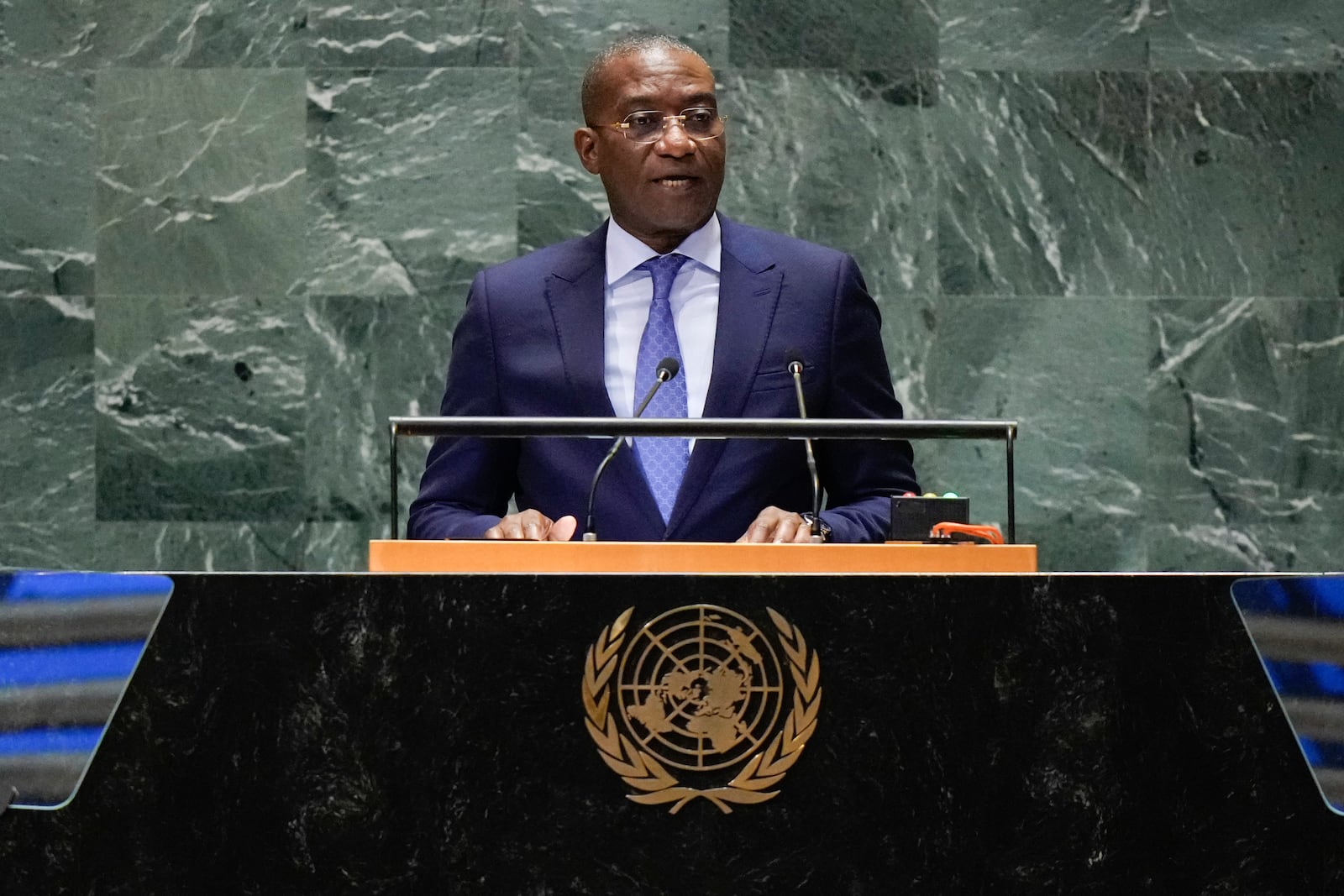 Congo's Deputy Prime Minister Guylain Nyembo Mbwizya speaks to the United Nations General Assembly during Summit of the Future, Sunday, Sept. 22, 2024 at U.N. headquarters. (AP Photo/Frank Franklin II)