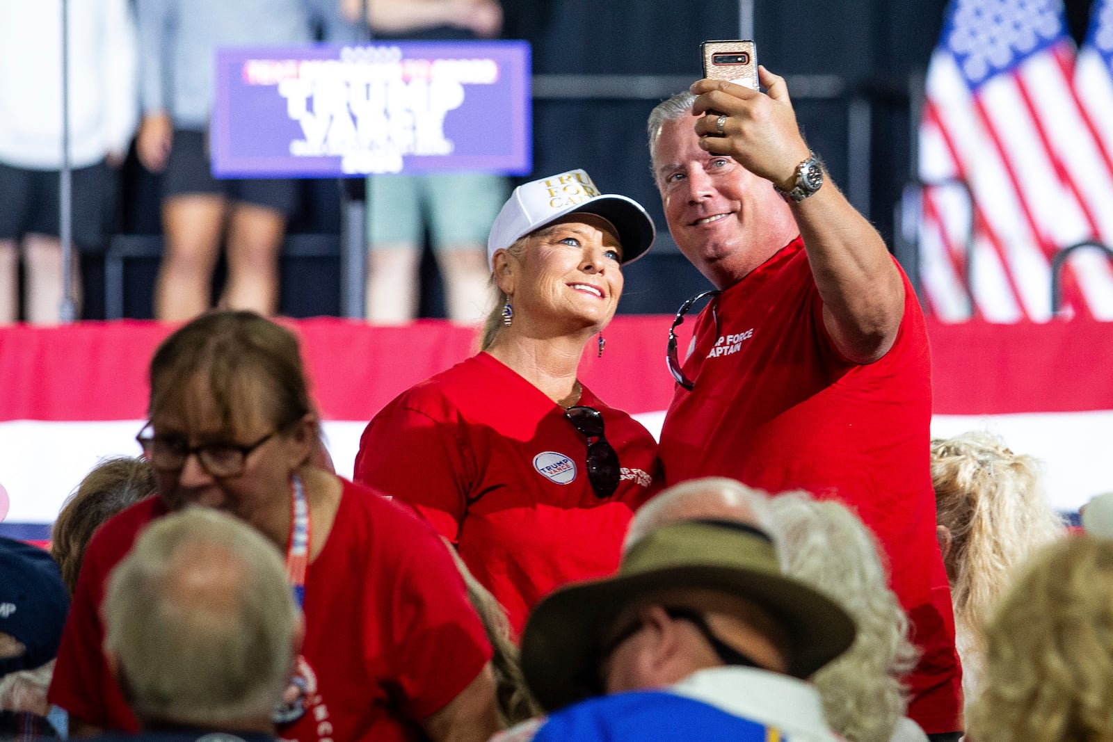 Supporters gather at a rally to hear Republican vice presidential nominee JD Vance, Tuesday, Sept. 17, 2024, at Apple Valley Events in Sparta, Mich. (Isaac Ritchey/The Grand Rapids Press via AP)