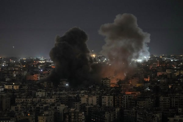 Smoke rises after an Israeli airstrike on Dahiyeh, in the southern suburb of Beirut, Lebanon, Saturday, Nov. 16, 2024. (AP Photo/Bilal Hussein)