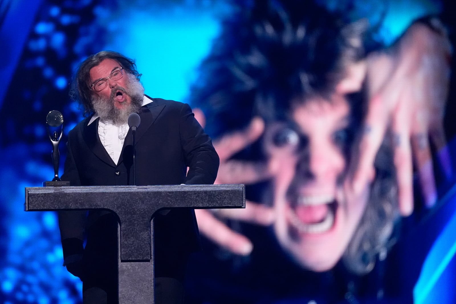 Jack Black speaks during the 39th Annual Rock & Roll Hall of Fame Induction Ceremony on Saturday, Oct. 19, 2024, at Rocket Mortgage FieldHouse in Cleveland. (AP Photo/Chris Pizzello)