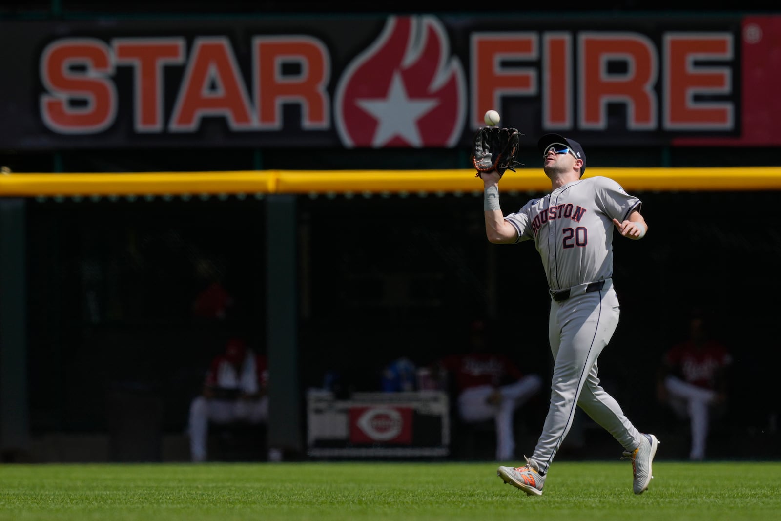 Houston Astros center fielder Chas McCormick catches a fly ball hit by Cincinnati Reds' TJ Friedl during the fourth inning of a baseball game, Thursday, Sept. 5, 2024, in Cincinnati. (AP Photo/Carolyn Kaster)