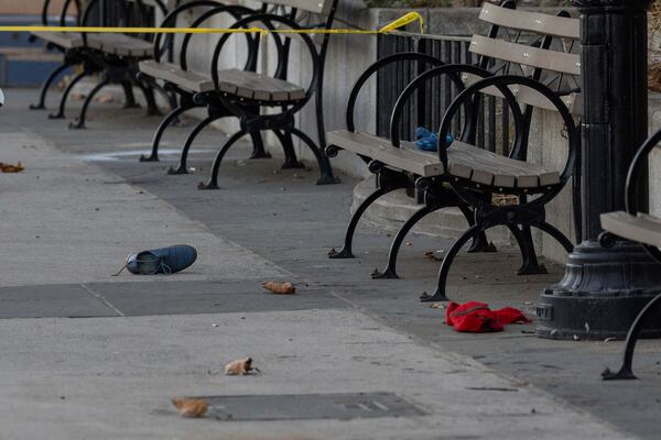 A shoe is left at the site of a stabbing spree near the United Nations Headquarters in New York, Monday, Nov. 18, 2024. (AP Photo/Yuki Iwamura)