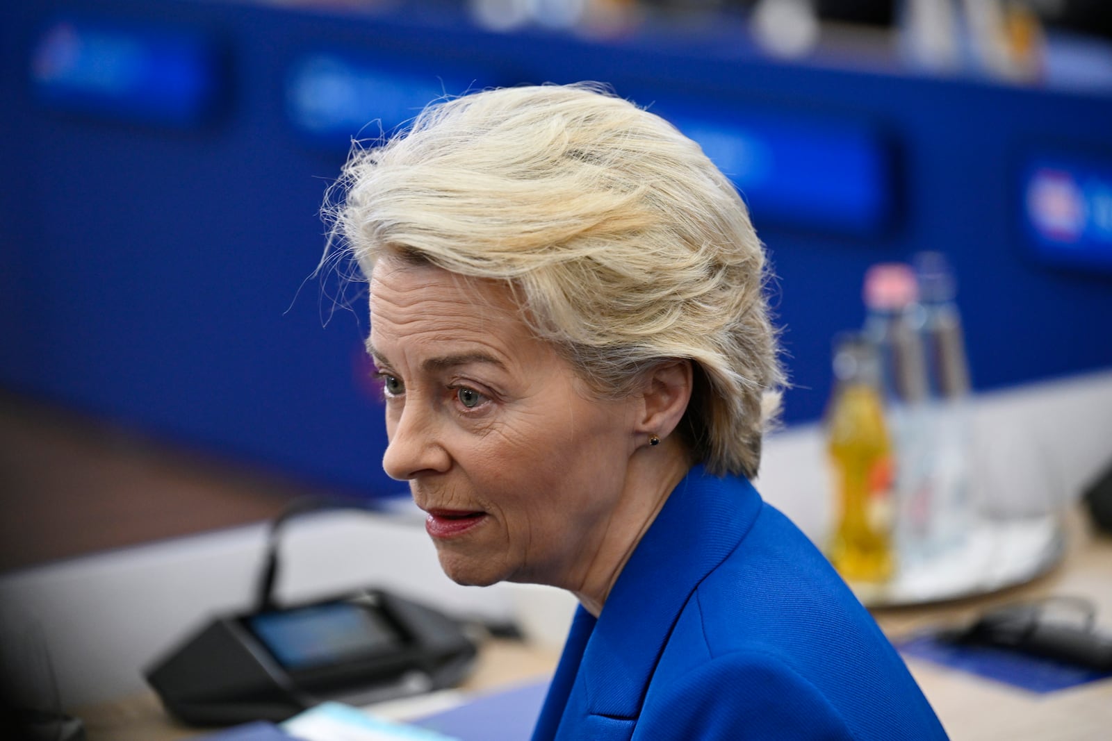 European Commission President Ursula von der Leyen waits for the start of a plenary session during an EU Summit at the Puskas Arena in Budapest, Friday, Nov. 8, 2024. (AP Photo/Denes Erdos)