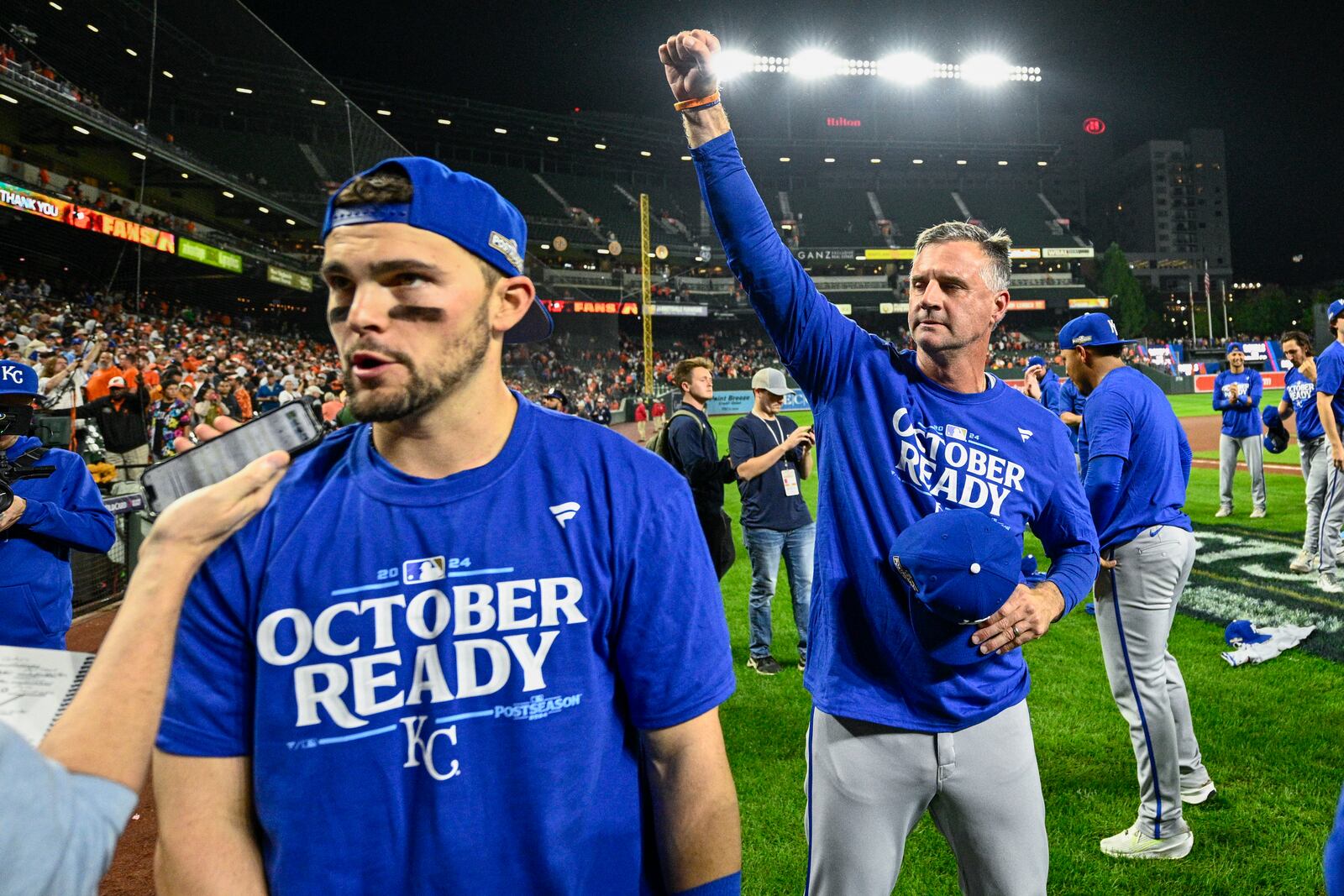 Kansas City Royals manager Matt Quatraro gestures after his team defeated the Baltimore Orioles 2-1 in Game 2 of an AL Wild Card Series baseball game, Wednesday, Oct. 2, 2024 in Baltimore. (AP Photo/Nick Wass)