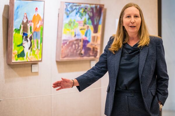 Teresa Lenling, Director of the George W. Bush Presidential Museum, speaks during an interview about an exhibit featuring paintings by President George W. Bush on Thursday, May 15, 2025, in Dallas. (AP Photo/Jessica Tobias)