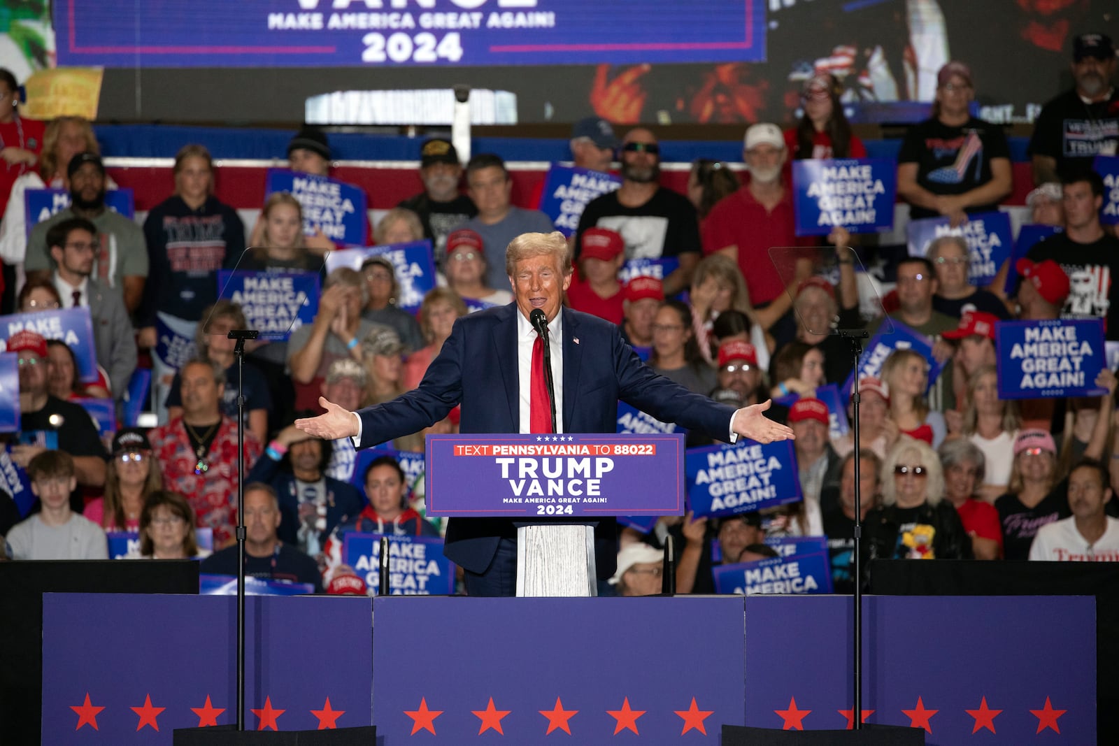 Republican presidential nominee former President Donald Trump speaks during a campaign rally at Bayfront Convention Center in Erie, Pa., Sunday, Sept. 29, 2024. (AP Photo/Rebecca Droke)