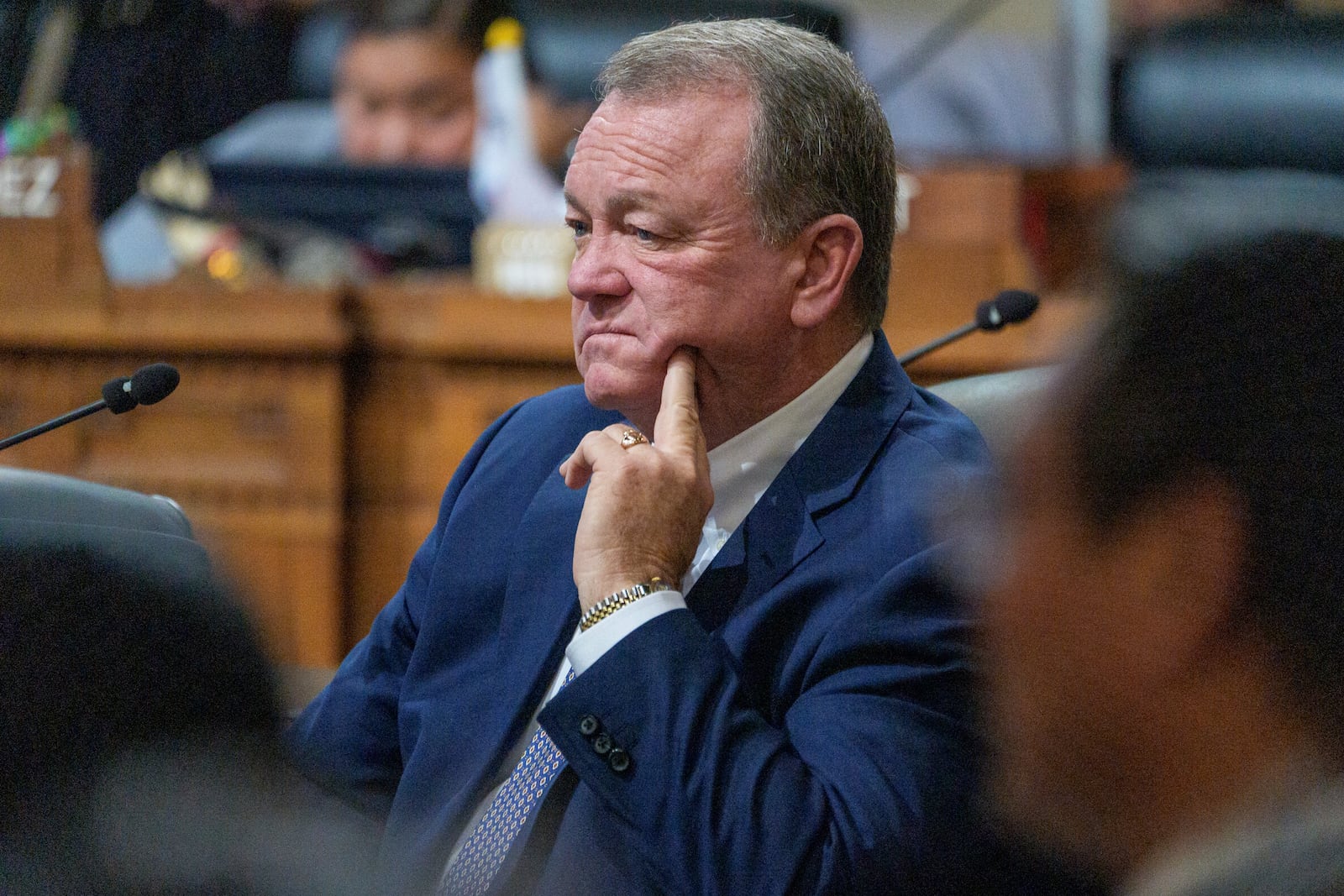 Members of the Los Angeles City Council question former county Sheriff James McDonnell during a meeting of the Council's public safety committee on Friday, Nov. 8, 2024, in Los Angeles. (AP Photo/Damian Dovarganes)