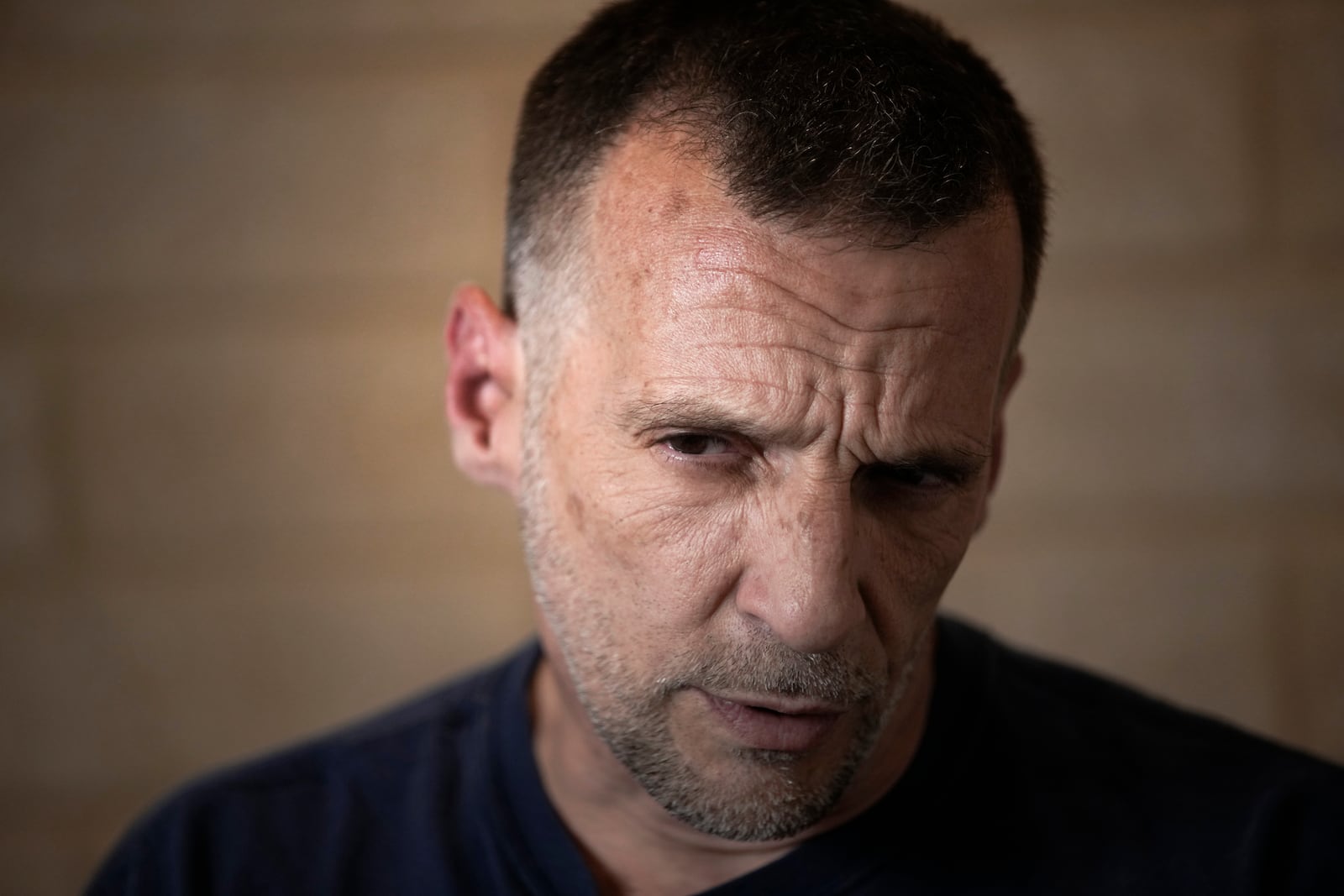 Mathieu Kassovitz speaks during an interview with Associated Press, in Tremblay-en-France, Tuesday, Sept. 17, 2024. (AP Photo/Christophe Ena)