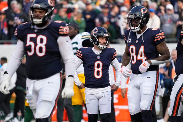 Chicago Bears' Cairo Santos reacts after having a field goal attempt blocked in the final seconds of an NFL football game against the Green Bay Packers Sunday, Nov. 17, 2024, in Chicago. The Packers won 20-19. (AP Photo/Nam Y. Huh)