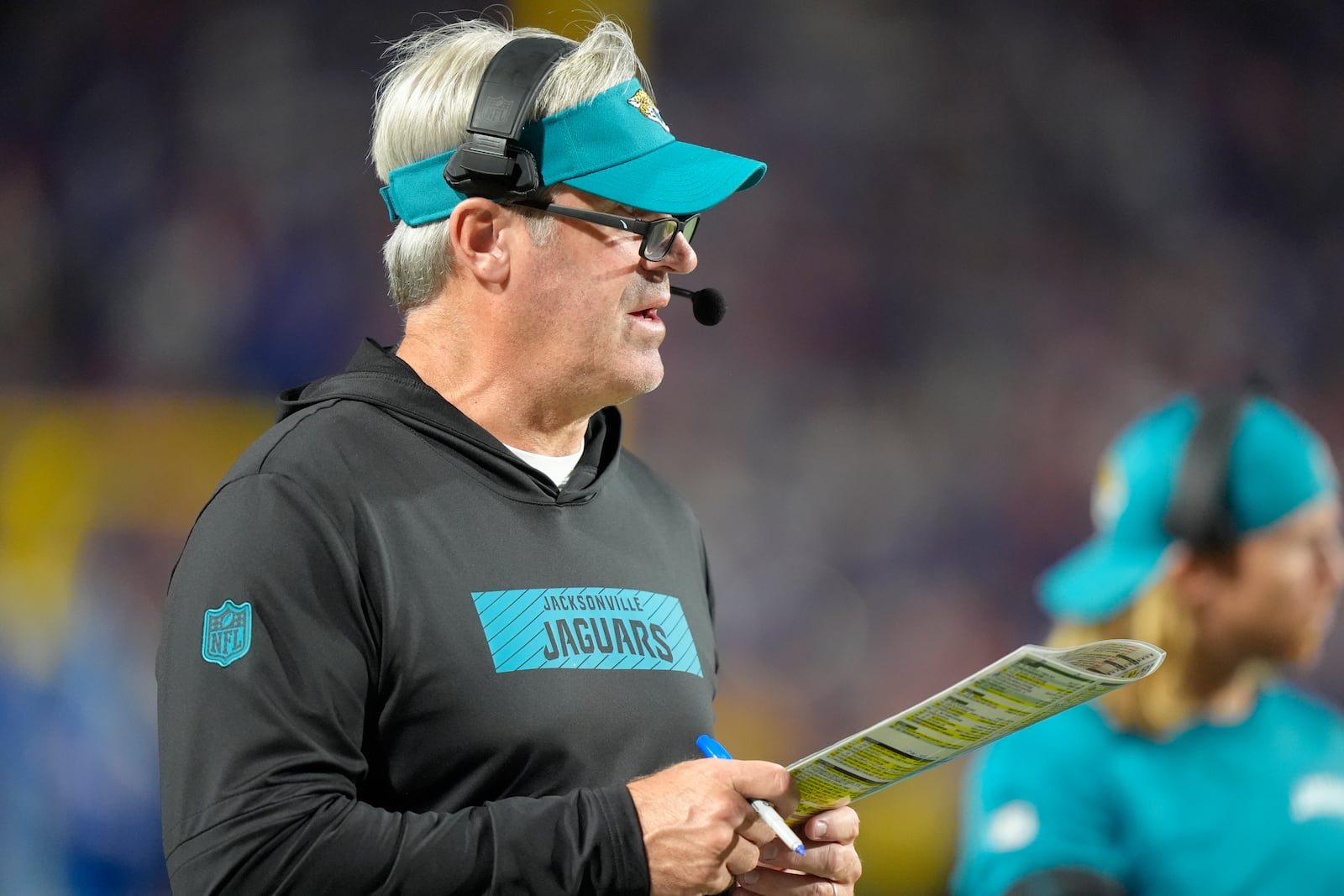 Jacksonville Jaguars head coach Doug Pederson watches from the sideline during the second half of an NFL football game against the Buffalo Bills, Monday, Sept. 23, 2024, in Orchard Park, NY. (AP Photo/Steven Senne)