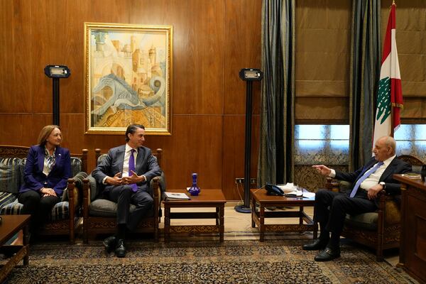 Amos Hochstein, center, a senior adviser to President Joe Biden, and US Ambassador to Lebanon Lisa A. Johnson, left, meet with Lebanese Parliament speaker Nabih Berri, in Beirut, Lebanon, Tuesday, Nov. 19, 2024. (AP Photo/Hassan Ammar)