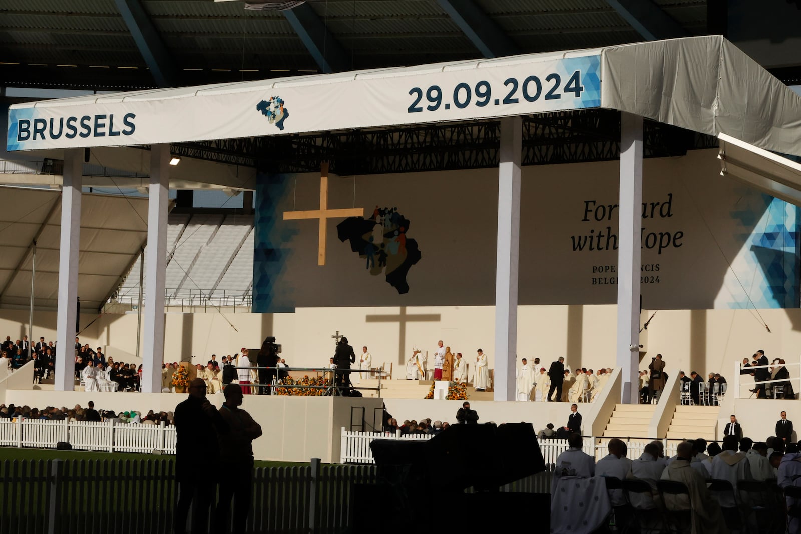 Pope Francis presides over the Sunday mass at King Baudouin Stadium, in Brussels Sunday, Sept. 29, 2024. (AP Photo/Omar Havana)