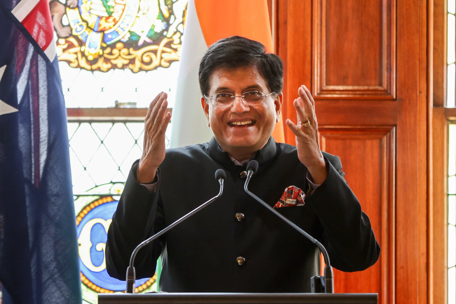 Piyush Goyal, India's Minister for Commerce and Industry speaks to media during a news conference at government House in Adelaide, Australia, Wednesday, Sept. 25, 2024. (Matt Turner/AAP Image via AP)