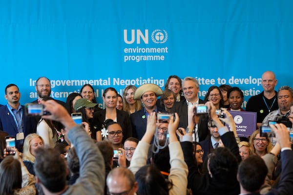 Third from right, Juliet Kabera, director general of the Rwanda Environment Management Authority and Rwanda's lead negotiator to the INC, Anthony Agotha, special envoy for Climate and Environment Diplomacy, European Union, Juan Carlos Monterrey, head of Panama's delegation, Olga Givernet, French Delegate Minister for Energy, and Camila Zepeda, head of delegation for Mexico, pose after a press conference at the fifth session of the Intergovernmental Negotiating Committee on Plastic Pollution in Busan, South Korea, Sunday, Dec. 1, 2024. (AP Photo/Ahn Young-joon)