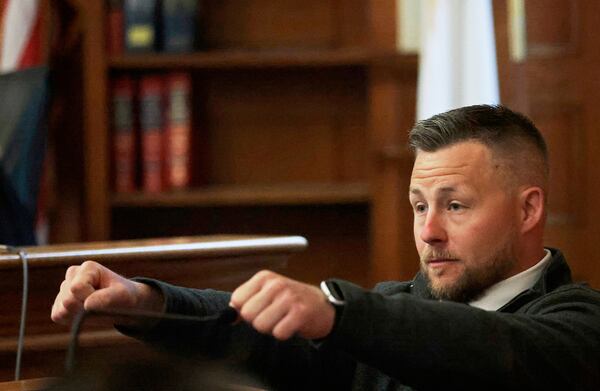 Ryan Nagel takes the witness stand, in Dedham, Mass., during the Karen Read trial on Monday May 5, 2025, in Dedham, Mass. (Pat Greenhouse/The Boston Globe via AP, Pool)