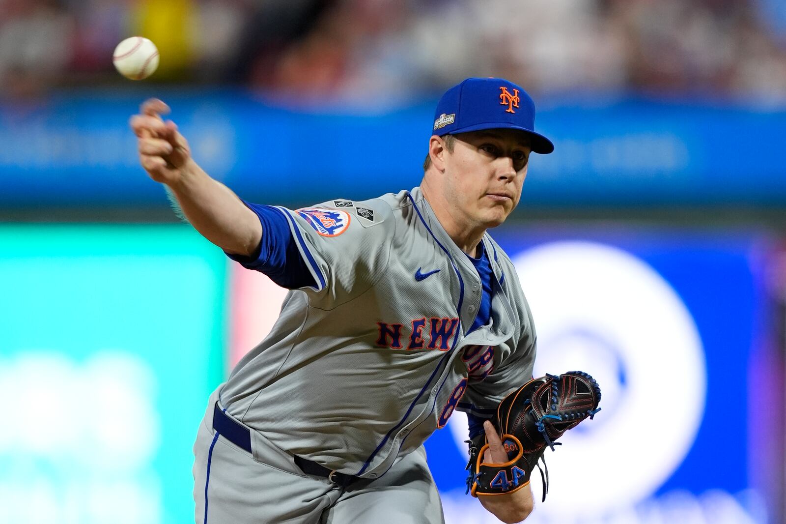 New York Mets' Phil Maton pitches during the eighth inning of Game 1 of a baseball NL Division Series against the Philadelphia Phillies, Saturday, Oct. 5, 2024, in Philadelphia. (AP Photo/Chris Szagola)