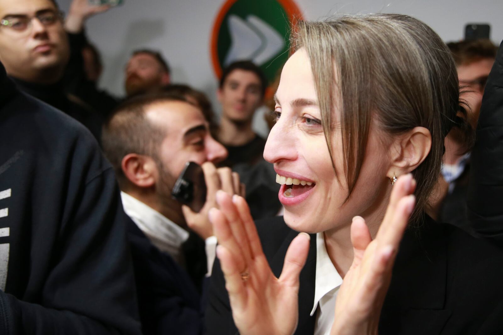 Nana Malashkhia, who leads the Coalition for Change parliament list, reacts at coalition's headquarters after polls closing at the parliamentary election in Tbilisi, Georgia, Saturday, Oct. 26, 2024. (AP Photo/Zurab Tsertsvadze)