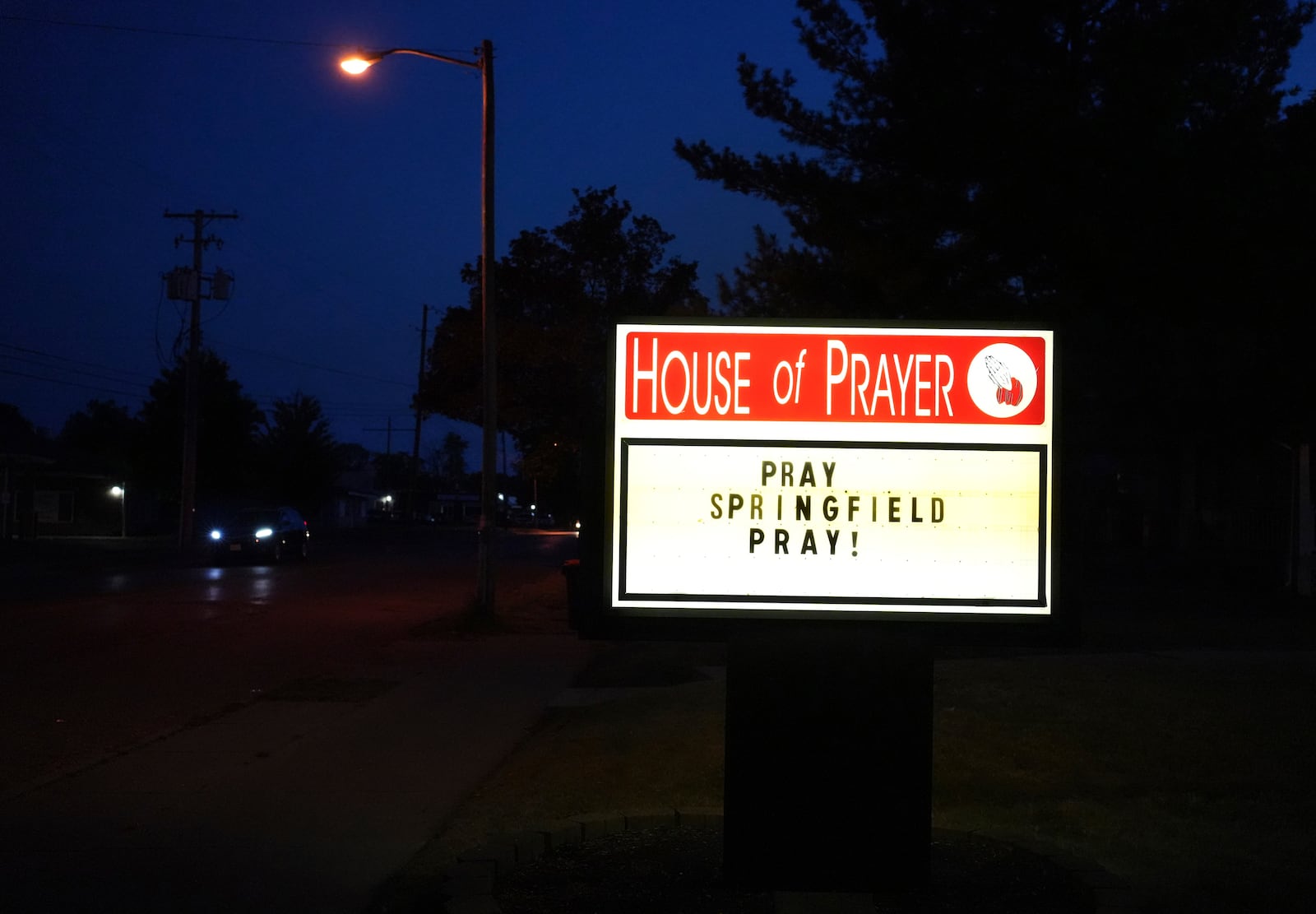 A church sign is seen at House of Prayer near the First Haitian Church and community center in Springfield, Ohio, Saturday, Sept. 14, 2024. (AP Photo/Luis Andres Henao)