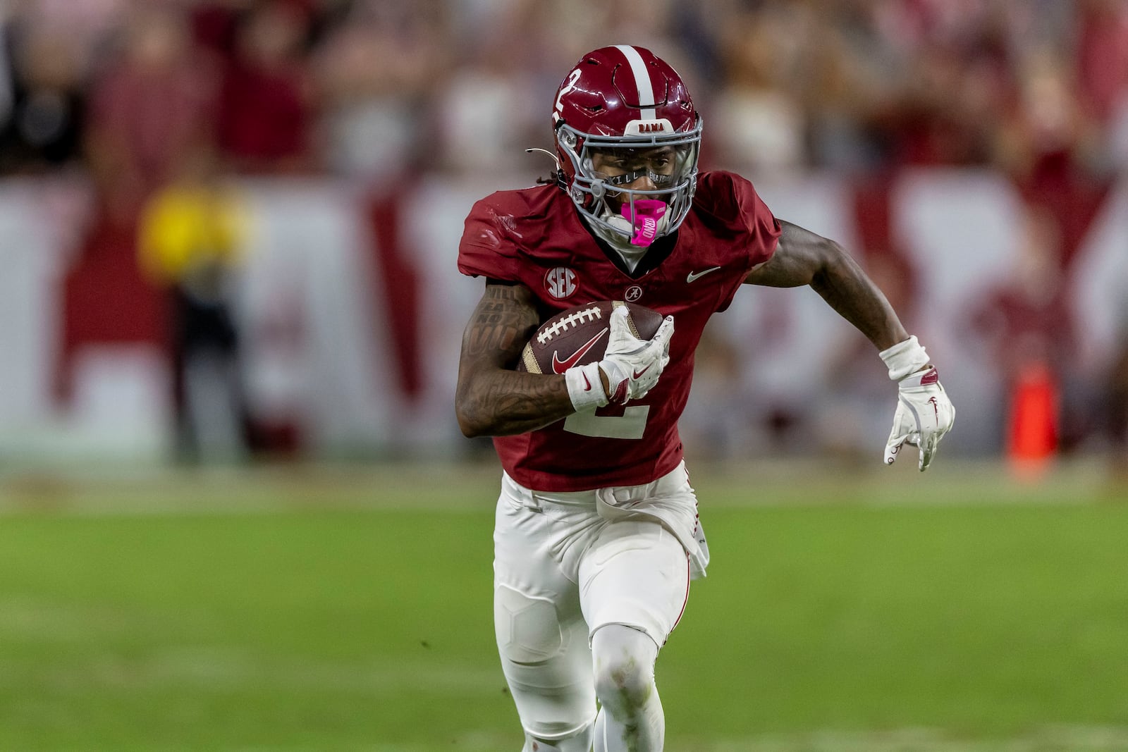 Alabama wide receiver Ryan Williams (2) grabs a pass and turns to run to the end zone for a 75-yard touchdown against Georgia during the second half of an NCAA college football game against Georgia, Saturday, Sept. 28, 2024, in Tuscaloosa, Ala. (AP Photo/Vasha Hunt)