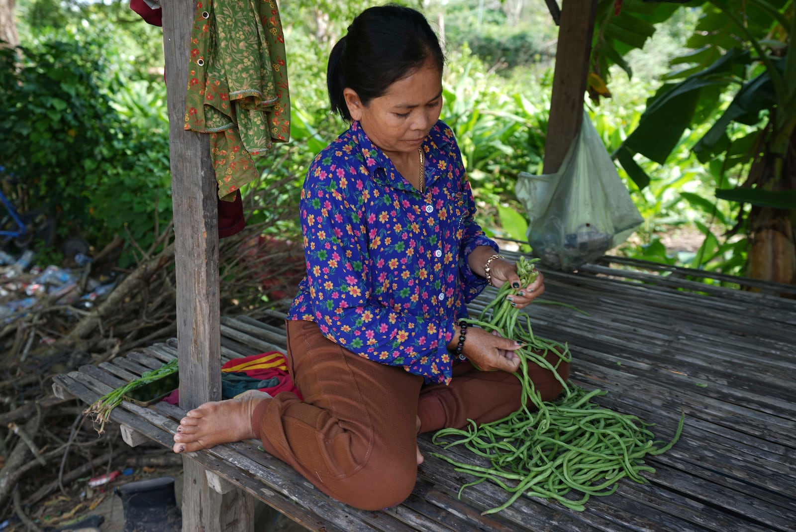 Norng La, a villager who lives along the Funan Techo Canal, prepares vegetable for her dinner at her home at Prek Takeo village, eastern Phnom Penh Cambodia, Tuesday, July 30, 2024. (AP Photo/Heng Sinith)