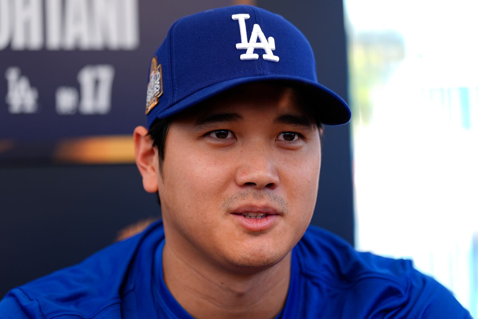 Los Angeles Dodgers' Shohei Ohtani speaks during media day for the baseball World Series against the New York Yankees, Thursday, Oct. 24, 2024, in Los Angeles. (AP Photo/Julio Cortez)