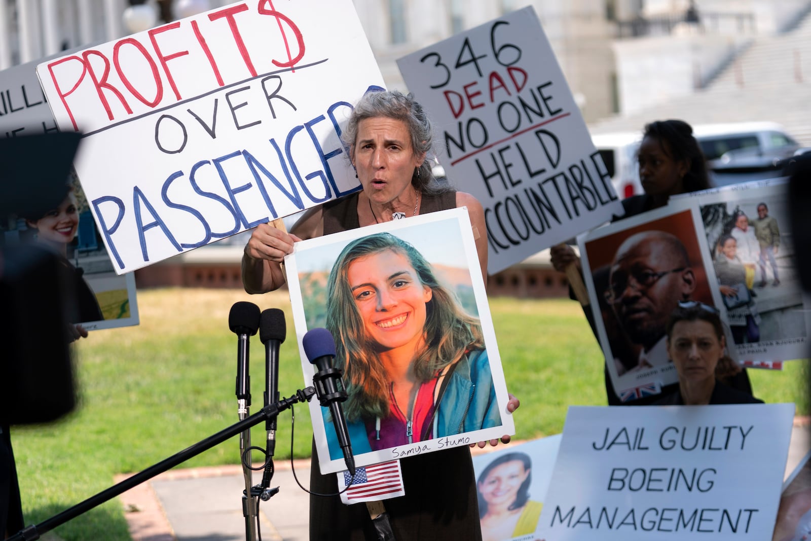 FILE - Nadia Milleron, parent of Samya Rose Stumo, one of the victims of the Boeing 737 Max crash in Ethiopia, holds her photograph as she speaks at a news conference on Capitol Hill, June 18, 2024, in Washington. ( AP Photo/Jose Luis Magana, File)