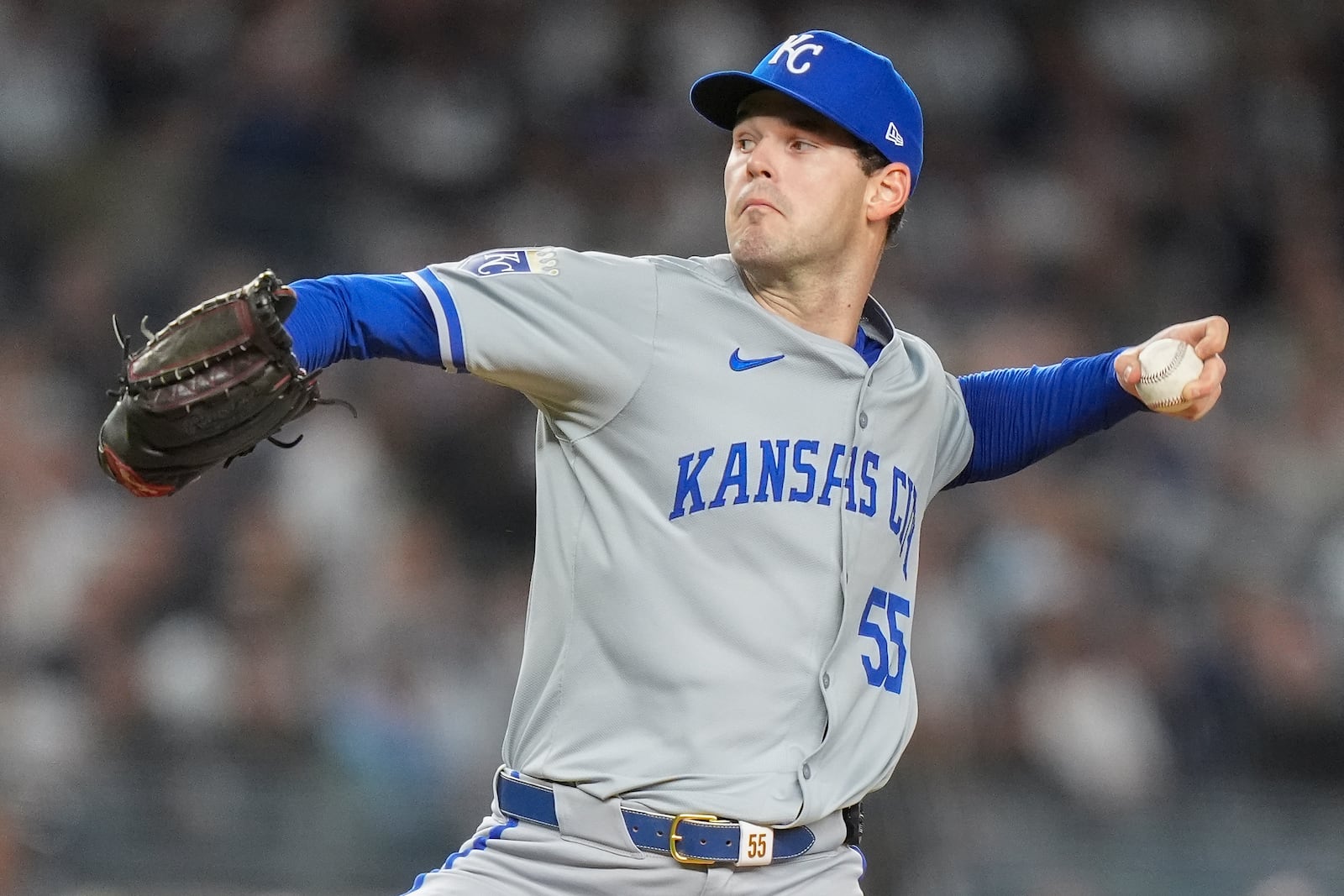 Kansas City Royals pitcher Cole Ragans delivers against the New York Yankees during the first inning of Game 2 of the American League baseball playoff series, Monday, Oct. 7, 2024, in New York. (AP Photo/Frank Franklin II)