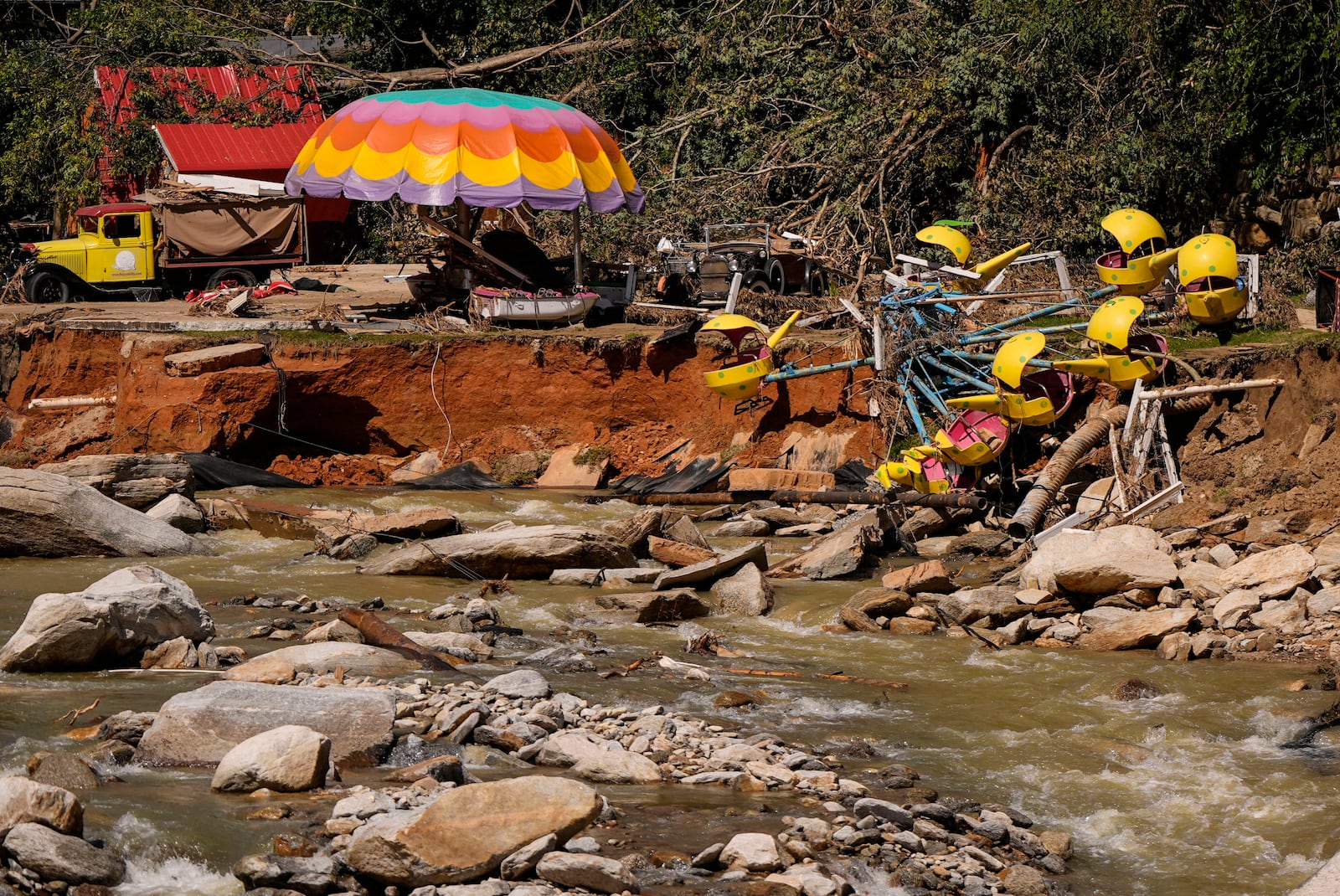 Business are seen in a debris field in the aftermath of Hurricane Helene, Wednesday, Oct. 2, 2024, in Chimney Rock Village, N.C. (AP Photo/Mike Stewart)