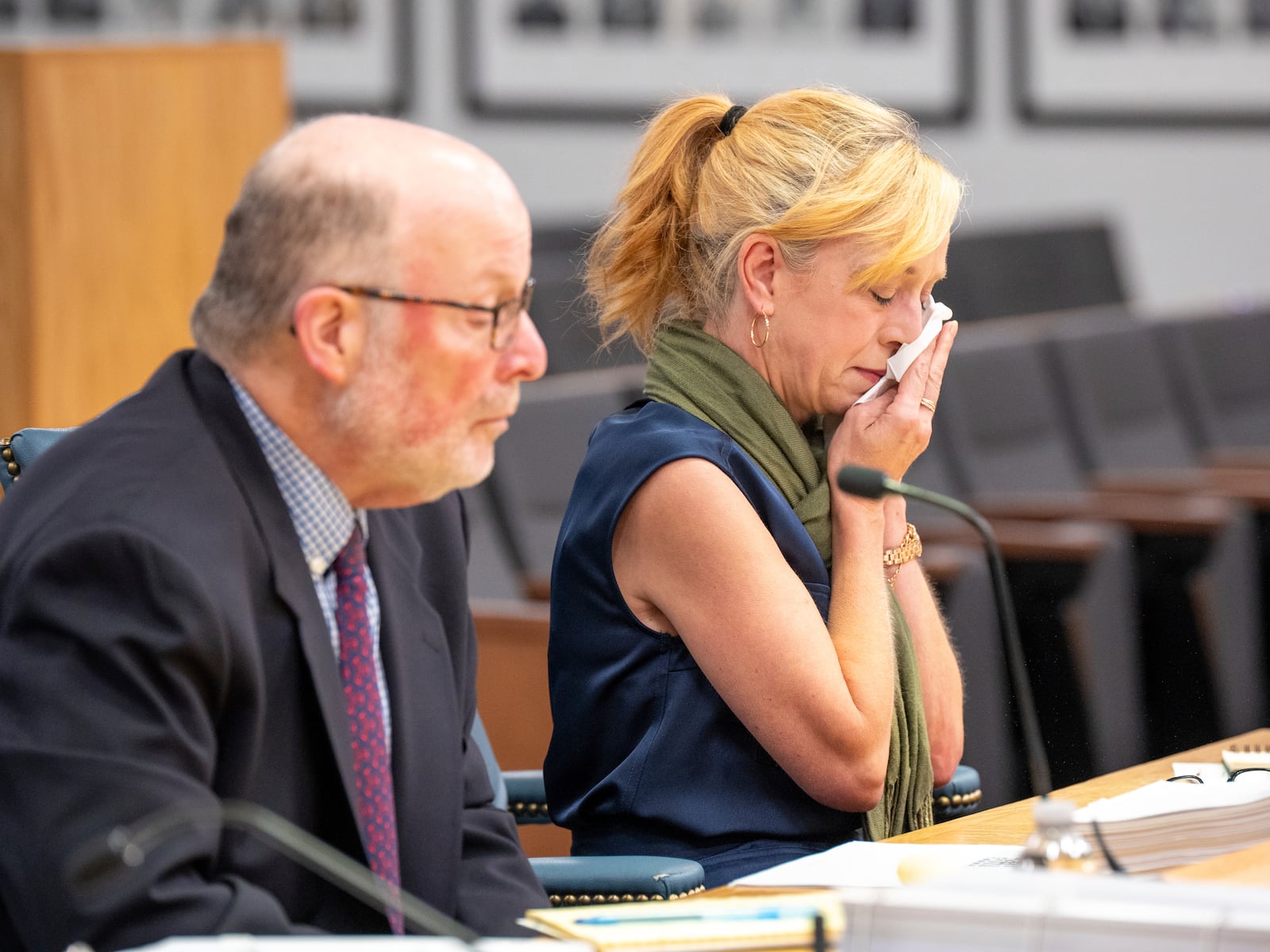 Amber Bay, Former OceanGate Director of Administration breaks down into tears while giving a final statement at the Titan marine board of investigation hearing inside the Charleston County Council Chambers Tuesday, Sept. 24, 2024, in North Charleston, S.C. (Corey Connor via AP, Pool)