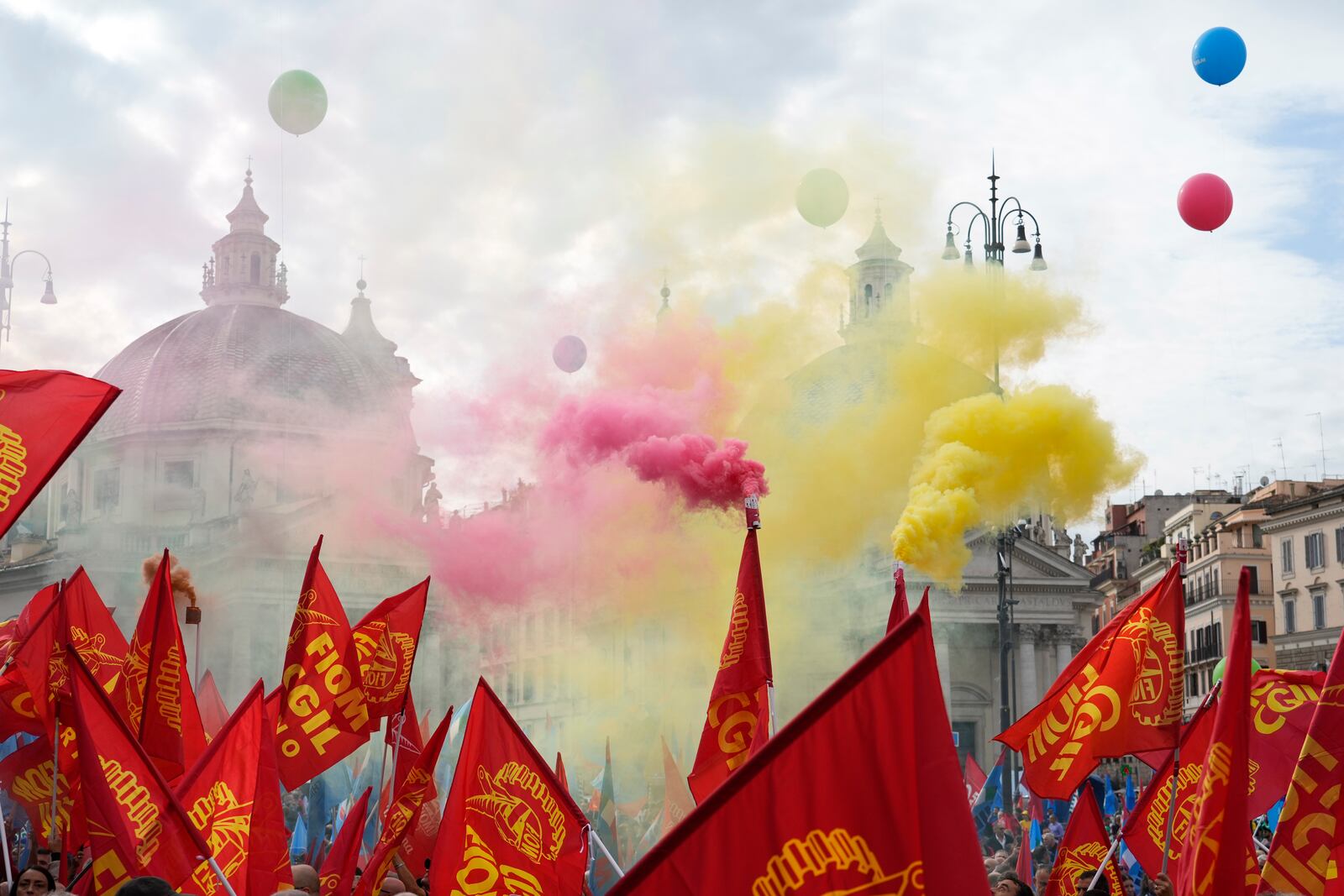 Workers of automotive sector march during a demonstration in Rome on the occasion of their national strike, Friday, Oct. 18, 2024. (AP Photo/Gregorio Borgia)