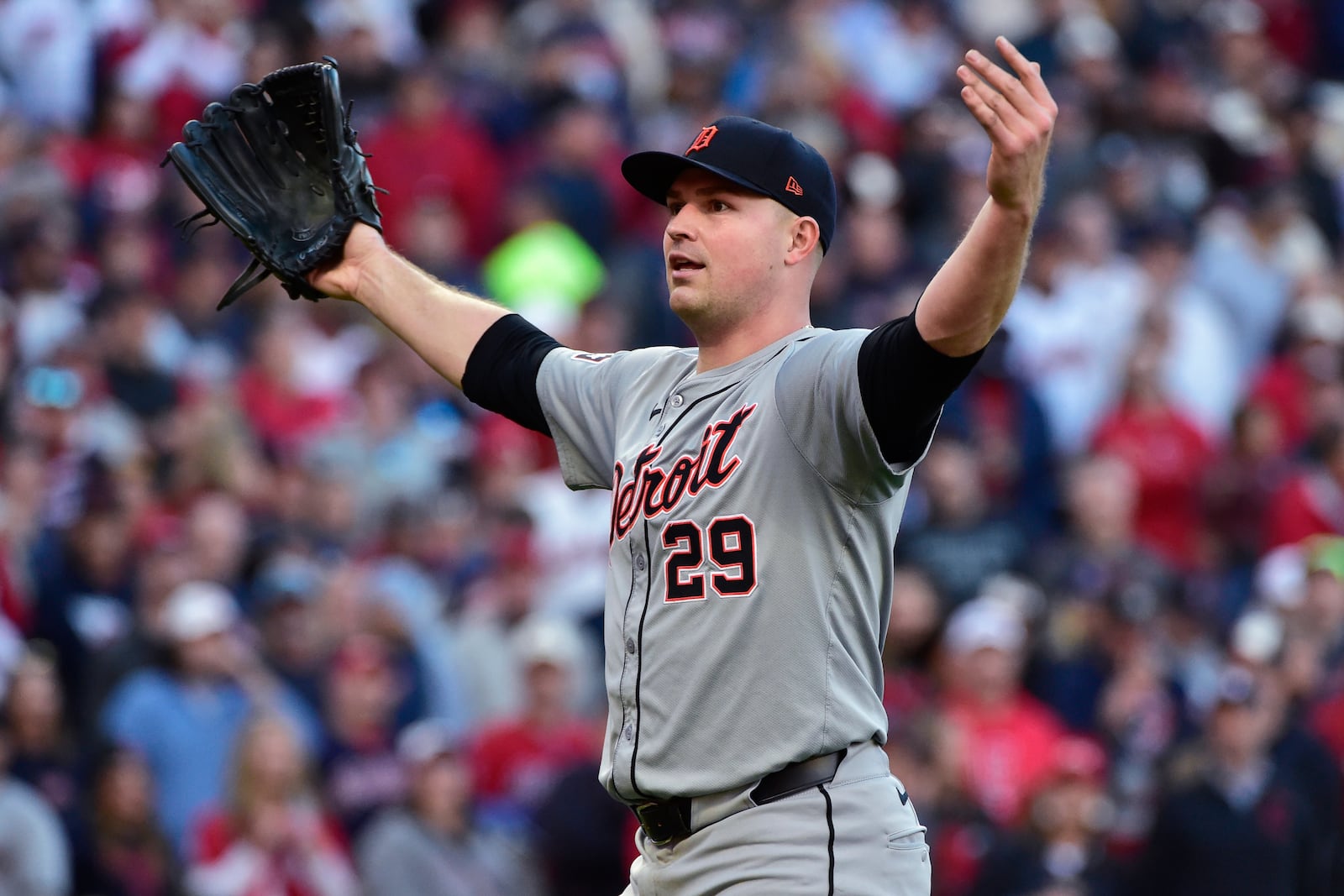 Detroit Tigers starting pitcher Tarik Skubal gestures after a double play ends the sixth inning during Game 2 of baseball's AL Division Series against the Cleveland Guardians, Monday, Oct. 7, 2024, in Cleveland. (AP Photo/Phil Long)