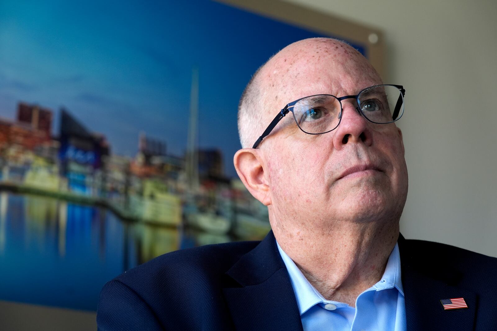 Former Maryland Gov. Larry Hogan speaks during an interview with the Associated Press, Tuesday, Aug. 27, 2024, in Annapolis, Md. (AP Photo/Stephanie Scarbrough)