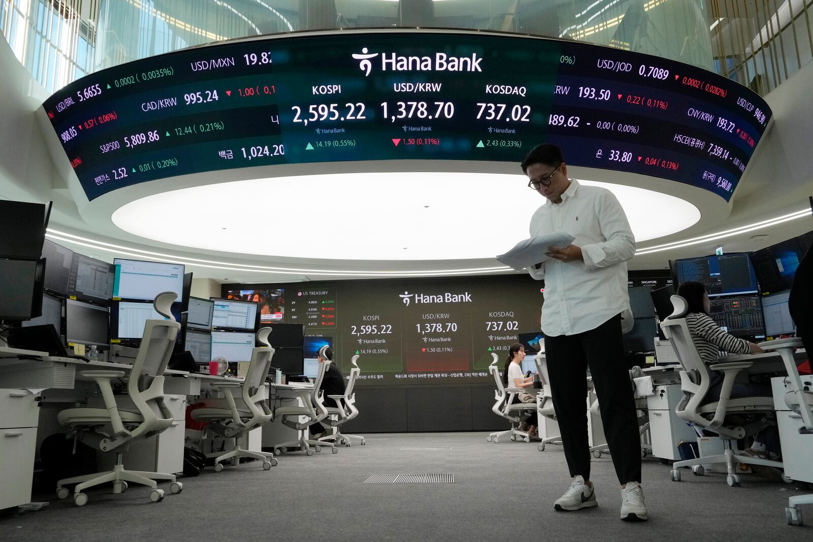 A currency trader reads documents at the foreign exchange dealing room of the KEB Hana Bank headquarters in Seoul, South Korea, Friday, Oct. 25, 2024. (AP Photo/Ahn Young-joon)