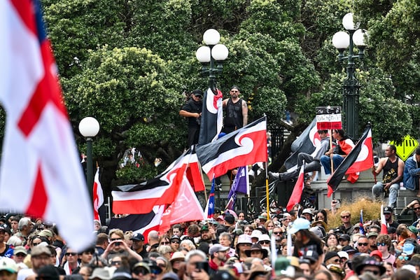 Thousands of people gather outside New Zealand's parliament to protest a proposed law that would redefine the country's founding agreement between Indigenous Māori and the British Crown, in Wellington Tuesday, Nov. 19, 2024. (AP Photo/Mark Tantrum)