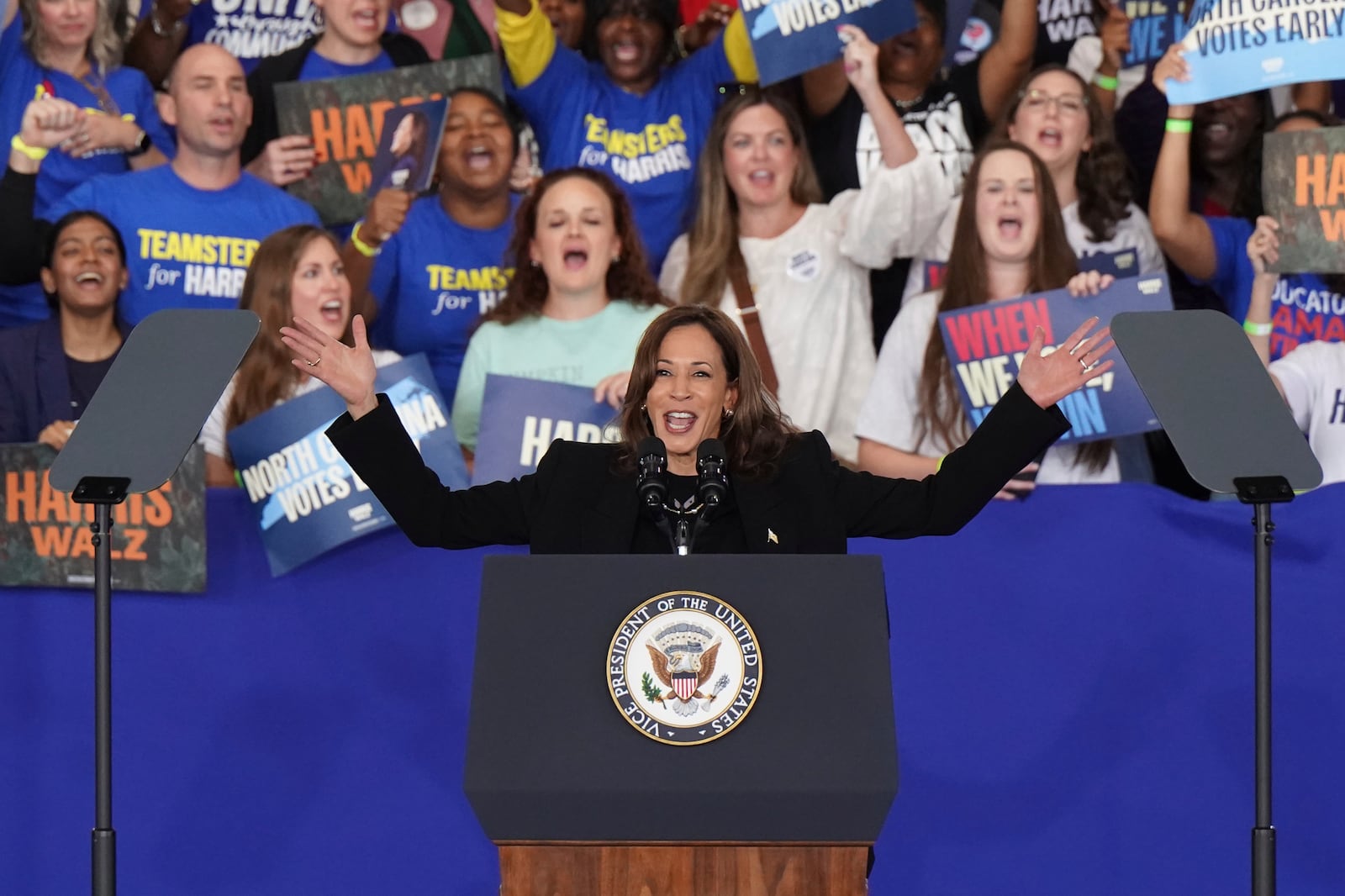 Democratic presidential nominee Vice President Kamala Harris speaks at a campaign rally, Wednesday, Oct. 30, 2024, in Raleigh, N.C. (AP Photo/Allison Joyce)