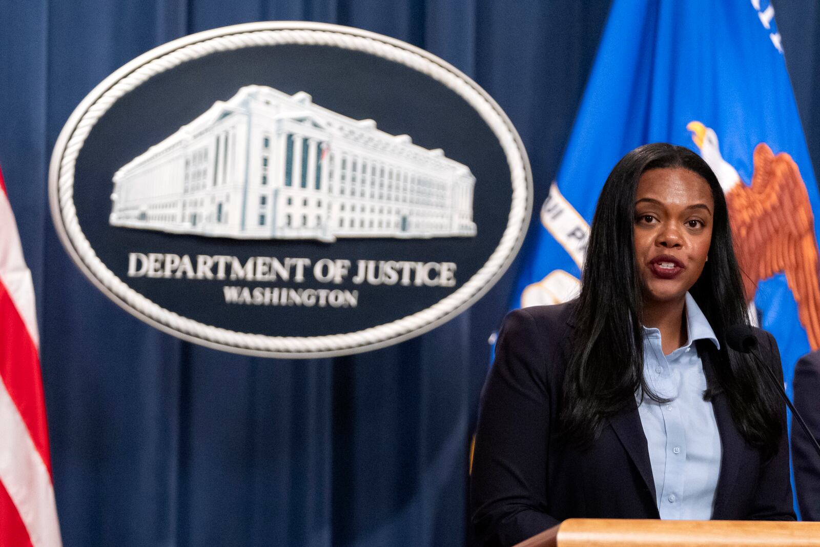 Principal Deputy Assistant Attorney General Doha Mekki speaks during a news conference at the Department of Justice, Tuesday, Sept. 24, 2024, in Washington. (AP Photo/Mark Schiefelbein)