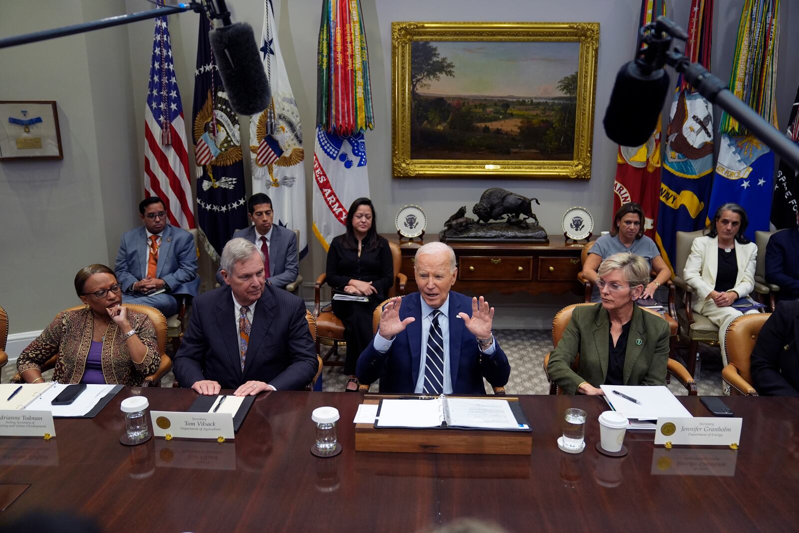 President Joe Biden delivers remarks on the federal government's response to Hurricane Helene and preparations for Hurricane Milton in the Roosevelt Room of the White House, Tuesday, Oct. 8, 2024, in Washington. (AP Photo/Evan Vucci)