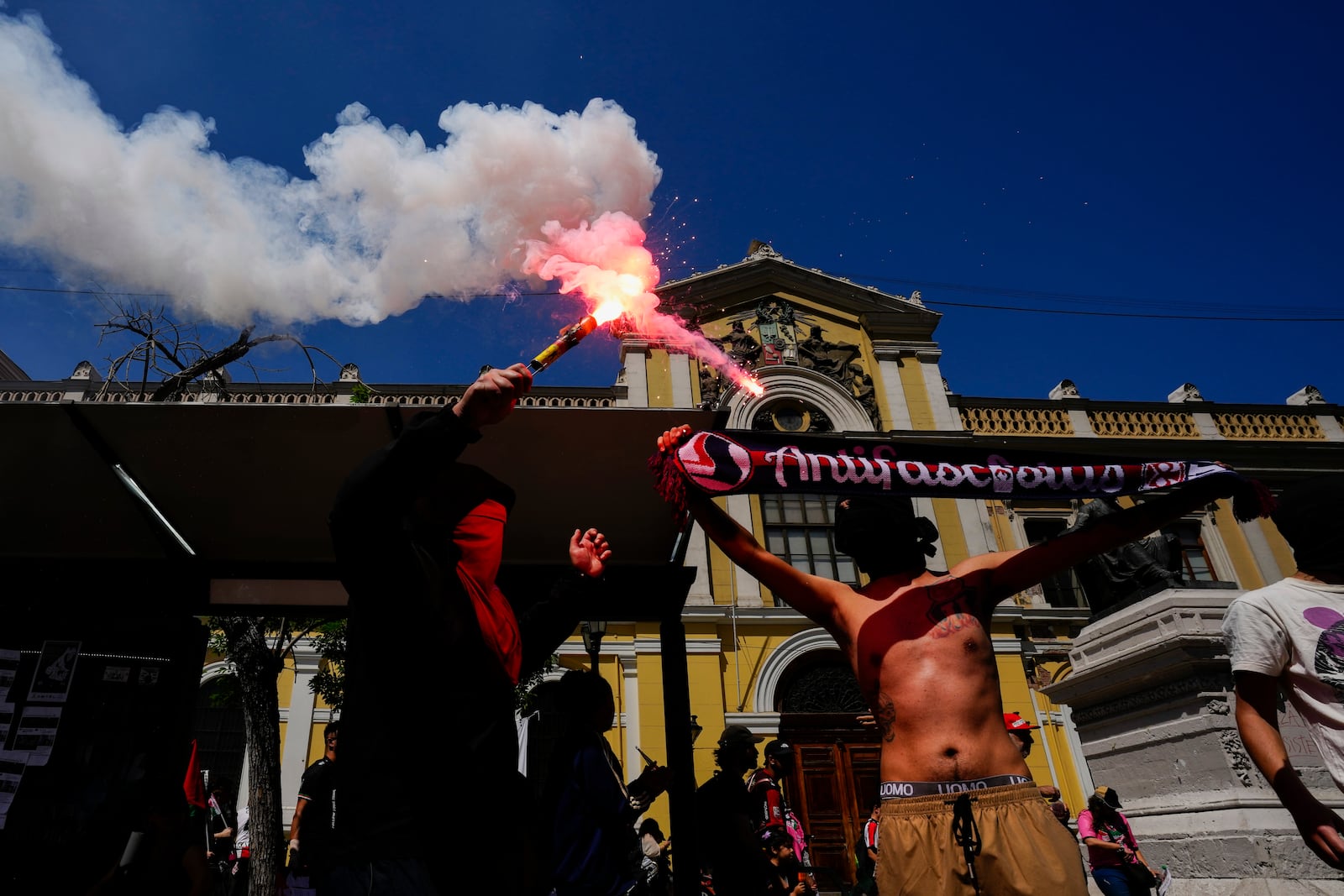 Pro-Palestinian supporters protest in Santiago, Chile, Saturday, Oct. 5, 2024. (AP Photo/Esteban Felix)