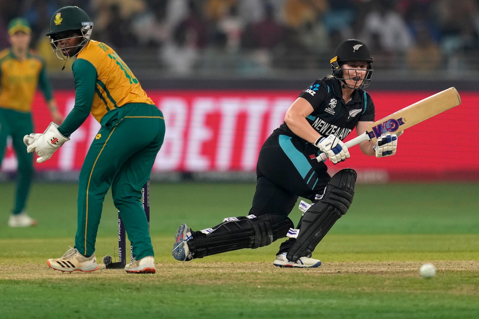 New Zealand's Brooke Halliday bats during the ICC Women's T20 World Cup 2024 final match between New Zealand and South Africa at Dubai, United Arab Emirates, Sunday, Oct. 20, 2024. (AP Photo/Altaf Qadri)