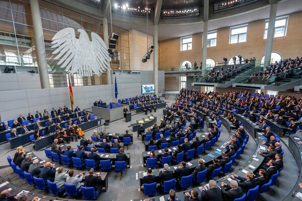 Julia Klöckner, President of the Bundestag, speaks at the commemoration of the 80th anniversary of the end of the Second World War in the Bundestag, in Berlin, Thursday, May 8, 2025. (Michael Kappeler/dpa via AP)