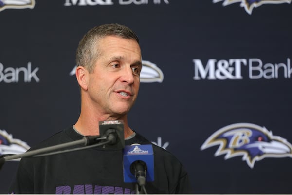 Baltimore Ravens Head Coach John Harbaugh answers questions after an NFL football game against the Los Angeles Chargers, Monday, Nov. 25, 2024, in Inglewood, Calif. (AP Photo/Ryan Sun)