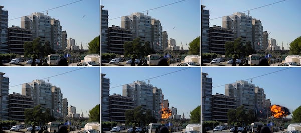 This combination of photographs show a bomb dropped from an Israeli jet hit a building in Tayouneh, Beirut, Lebanon, Friday, Nov. 15, 2024. (AP Photo/Hassan Ammar)