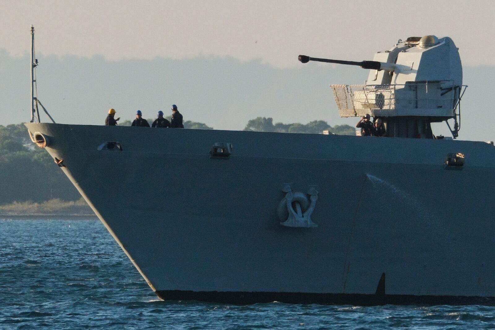 The Italian navy ship Libra arrives at the port of Shengjin northwestern Albania Wednesday, Oct. 16, 2024, carrying the first group of migrants who were intercepted in international waters. (AP Photo/Vlasov Sulaj)