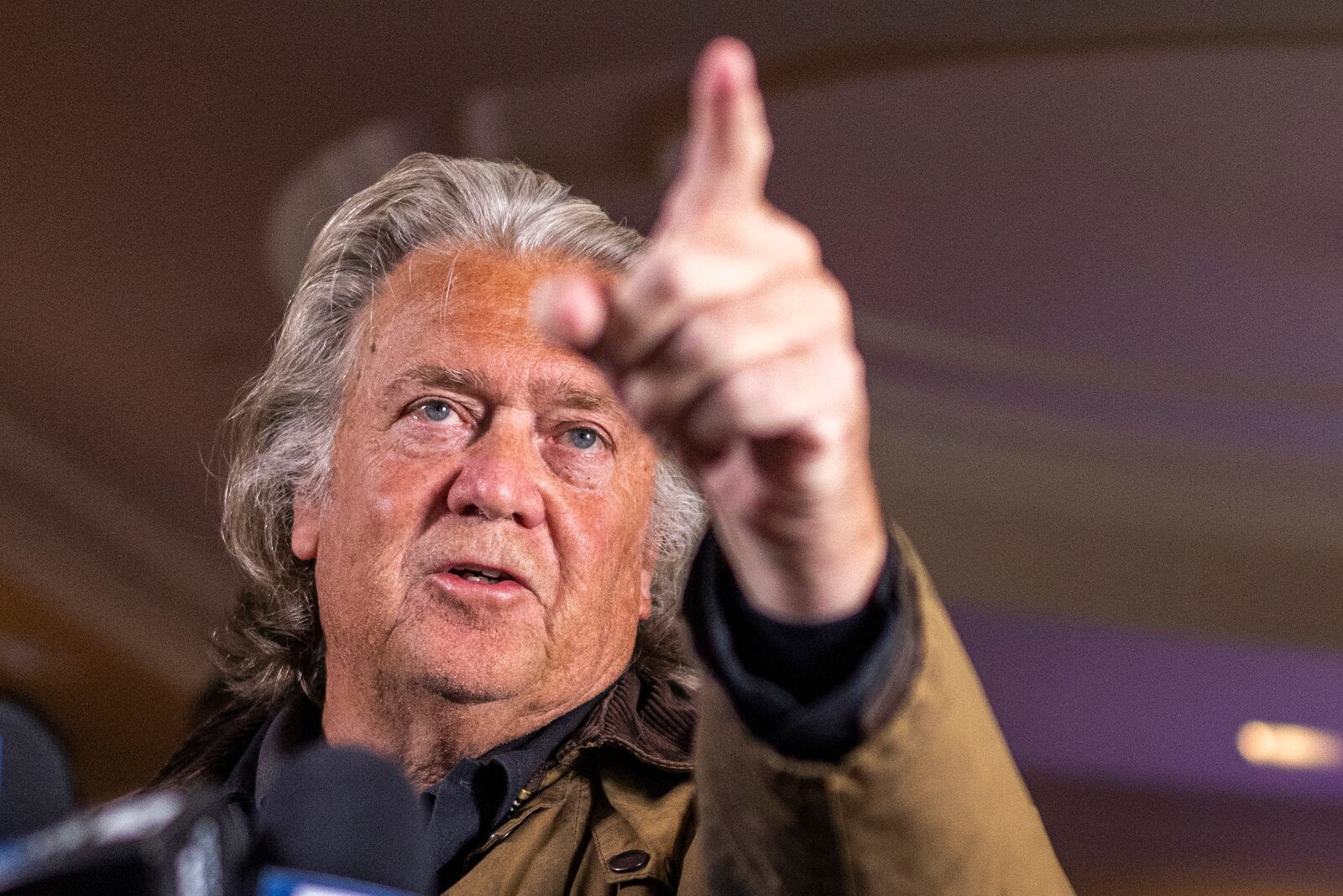 Steve Bannon speaks during a press conference after being released from the Federal Correctional Institution Danbury where he was incarcerated, Oct. 29, 2024, New York. (AP Photo/Eduardo Munoz Alvarez)