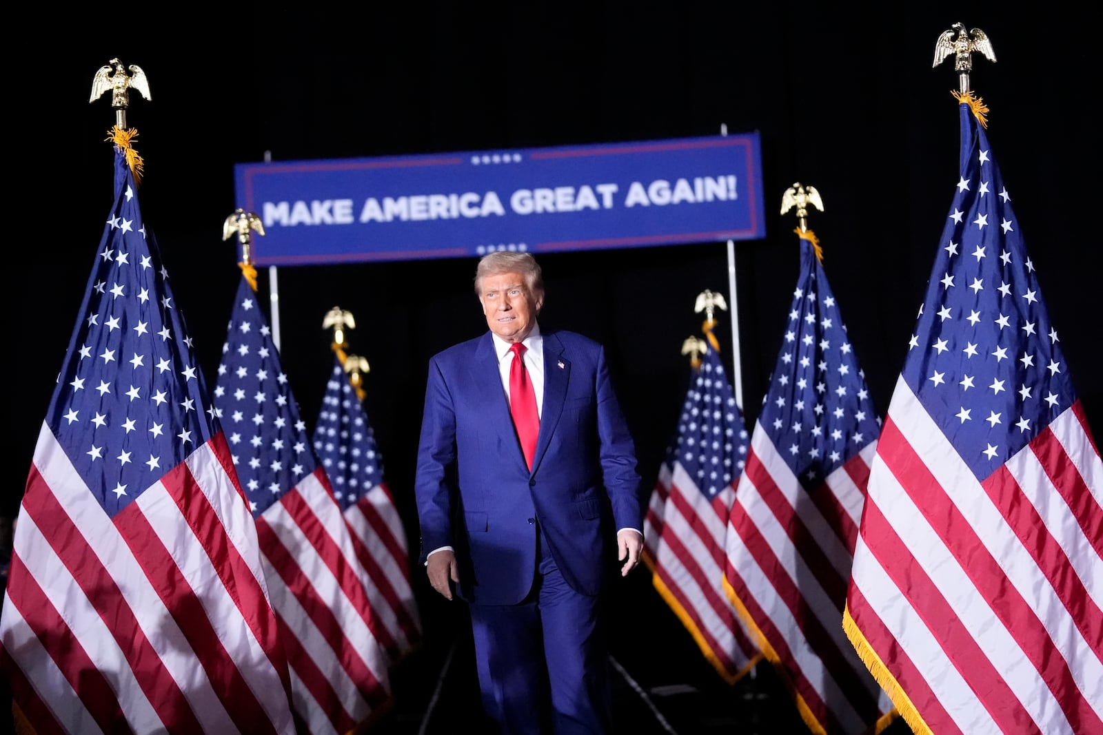 Republican presidential nominee former President Donald Trump arrives to speak during a campaign rally at the Suburban Collection Showplace, Saturday, Oct. 26, 2024, in Novi, Mich. (AP Photo/Alex Brandon)