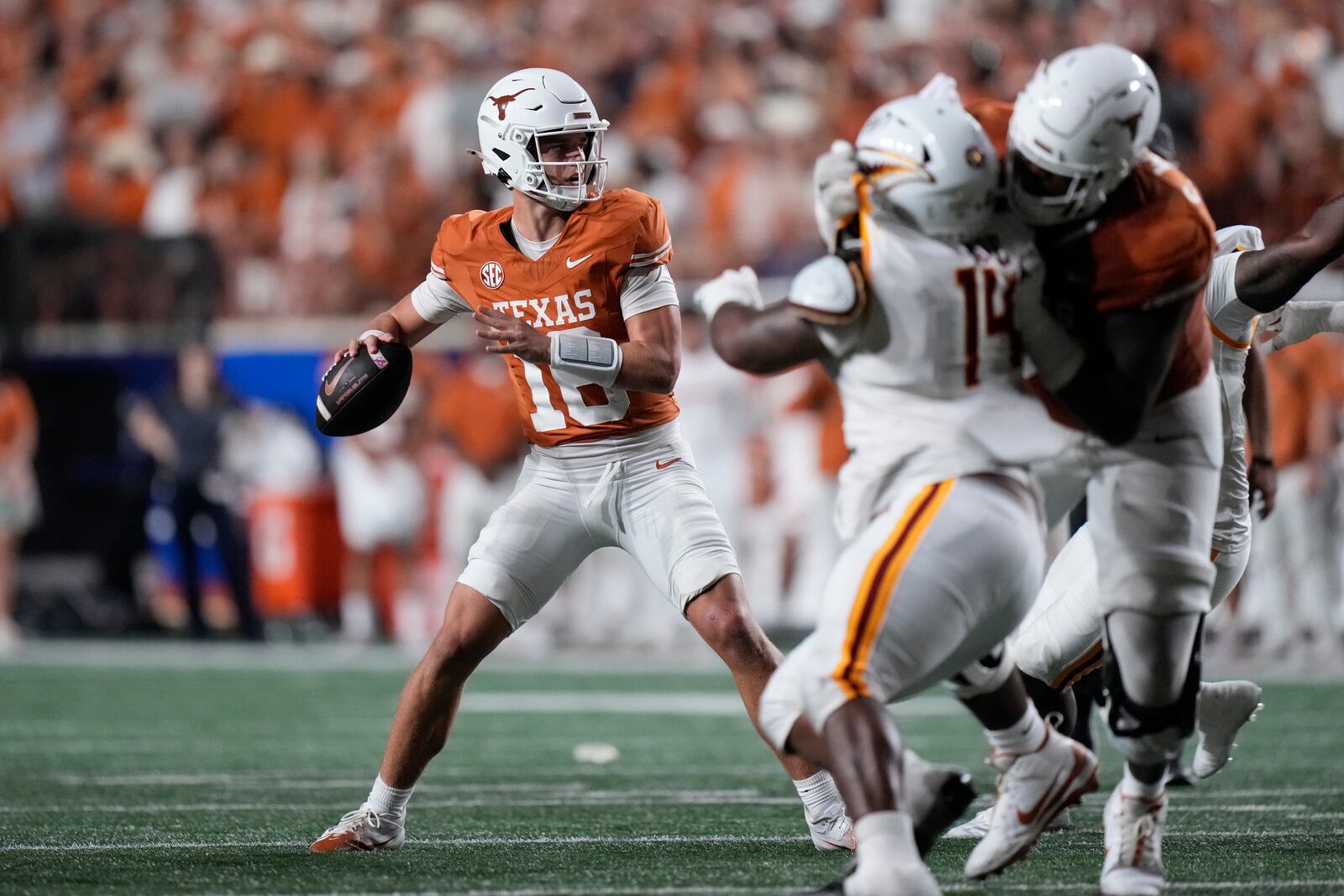 Texas quarterback Arch Manning (16) looks to pass against Louisiana-Monroe during the first half of an NCAA college football game in Austin, Texas, Saturday, Sept. 21, 2024. (AP Photo/Eric Gay)