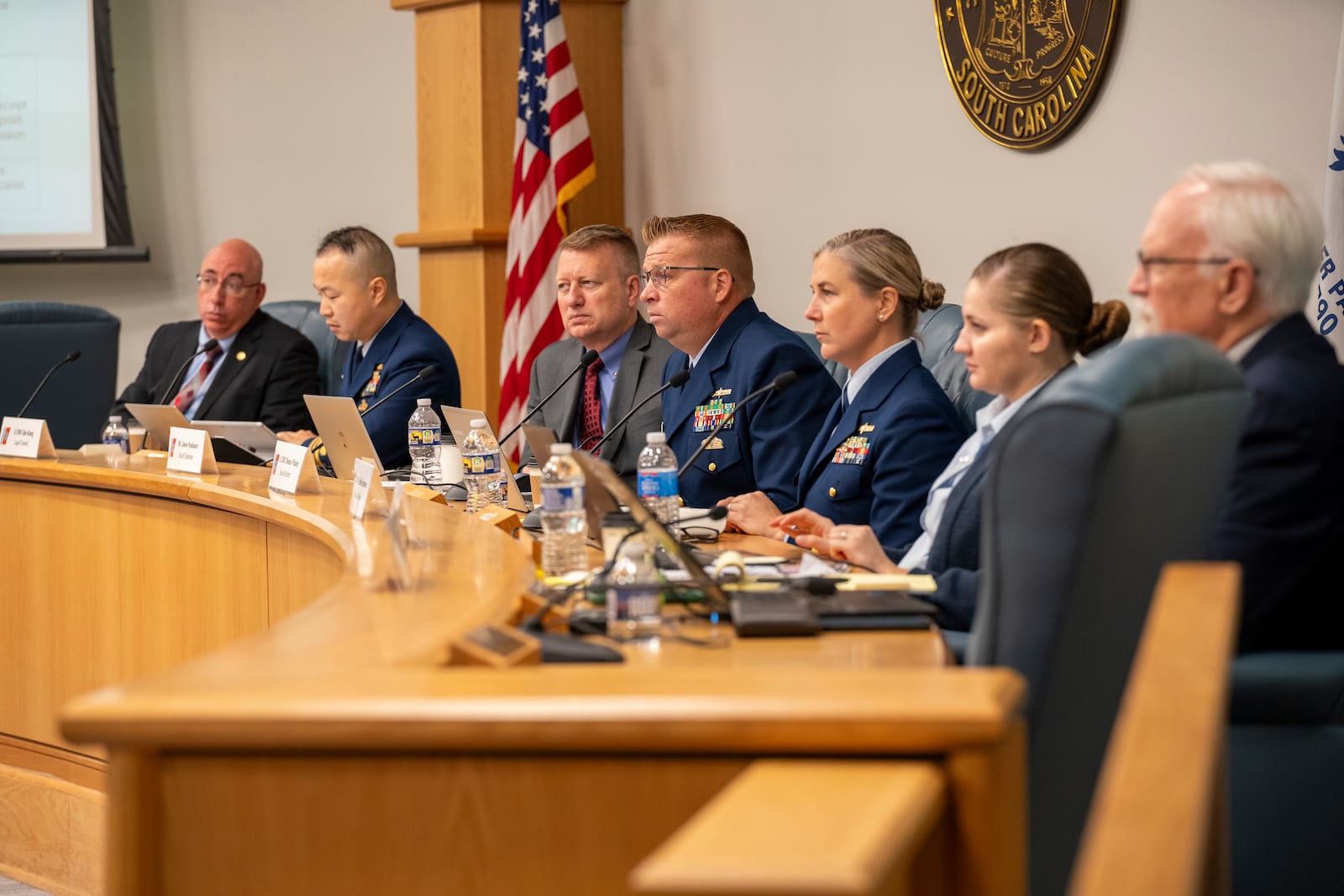 The Titan Marine Board listens to testimony from Amber Bay, Former OceanGate Director of Administration at the Titan marine board of investigation hearing inside the Charleston County Council Chambers Tuesday, Sept. 24, 2024, in North Charleston, S.C. (Corey Connor via AP, Pool)