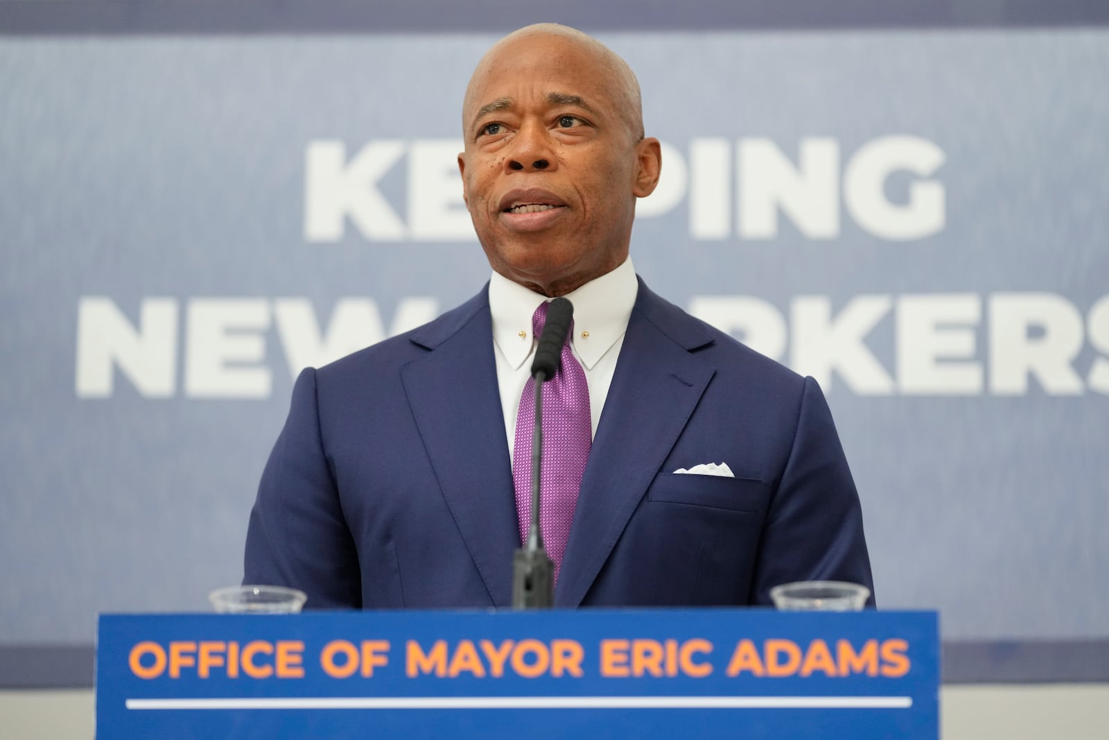 New York City Mayor Eric Adams speaks to reporters after a news conference in New York, Monday, Sept. 30, 2024. (AP Photo/Seth Wenig)