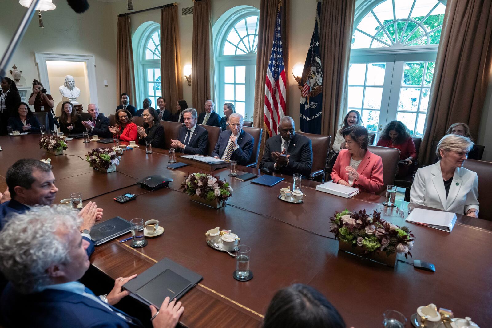 President Joe Biden, back row, center, speaks during a meeting with the members of his cabinet and first lady Jill Biden, in the Cabinet Room of the White House, Friday, Sept. 20, 2024. (AP Photo/Manuel Balce Ceneta)