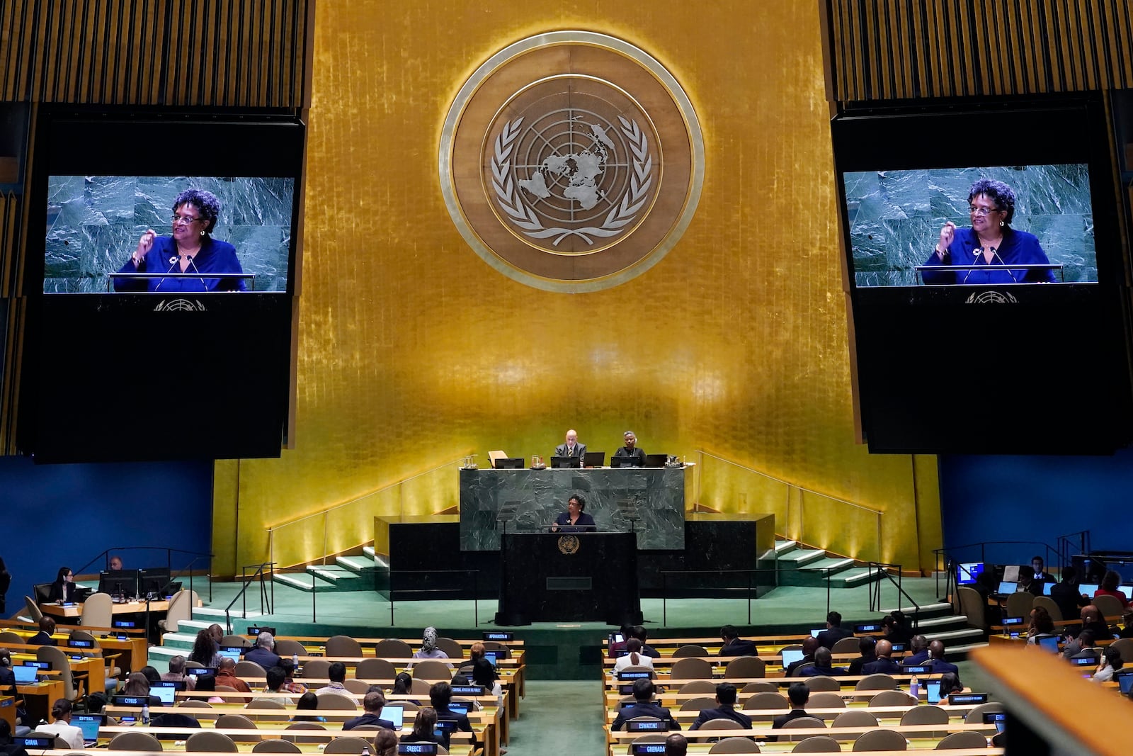 Barbados Prime Minister Mia Amor Mottley addresses the 79th session of the United Nations General Assembly, Friday, Sept. 27, 2024. (AP Photo/Richard Drew)